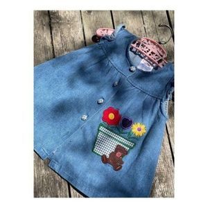 Vintage ICZ Denim Jumper Dress Teddy Bear Flowers Embroidery Sz 24M